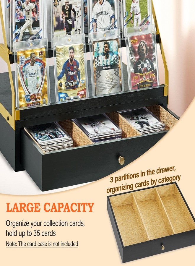 Poyilooo Trading Card Display, 3-Tier Baseball Card Storage with Drawer, Wood Graded Card Display, Sports Card Display Case for Card Game Collection-Trading Card Holder Christmas Gifts (Blackgold) - Image 4